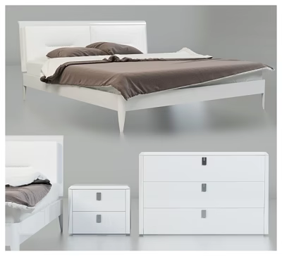 Modern White Double Bed with Brown Bedding and Matching Nightstand Dresser 3d model