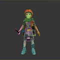 Woman With Red Hair In Purple Dress Blue Top Scarf And Holding Knife