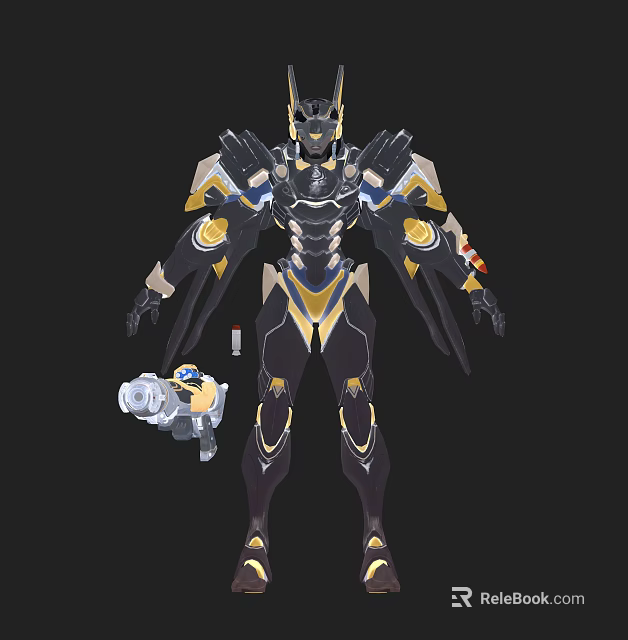 Futuristic Game Movie Character With Black Gold Mechanical Armor And Weapon 3d model 
