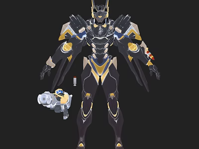 Futuristic Game Movie Character With Black Gold Mechanical Armor And Weapon 3d model