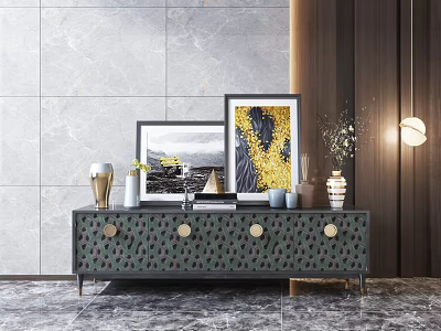 Black TV Stand With Modern Design Golden Dots And Metal Legs Against Marble Wall 3d model