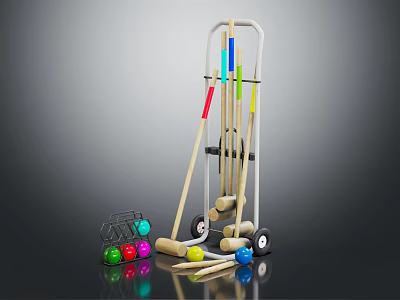Colorful Croquet Equipment Set With Wooden Mallets Balls Metal Rack And Wheeled Cart 3d model