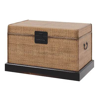 Woven Texture Storage Chest With Black Lock Clasp Dark Wooden Base For Home Organization 3d model