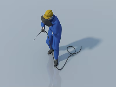 Man In Blue Work Uniform Wearing Yellow Hard Hat Using Welding Torch With Cable 3d model