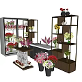 Vase And Colorful Flowers Display On Multiple Shelves With Various Blooms