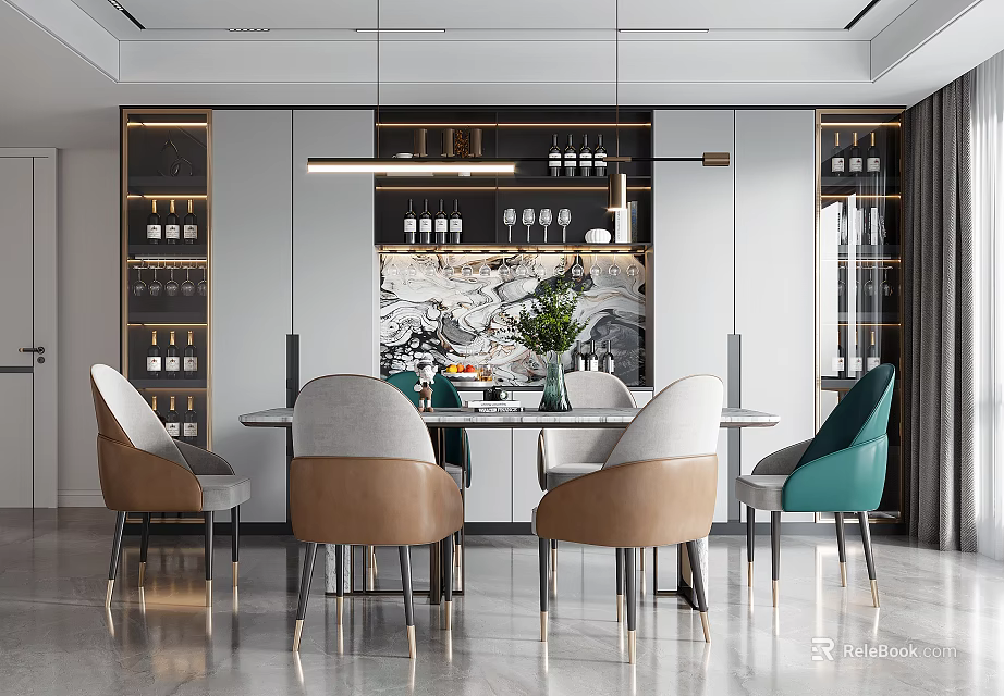 Modern Dining Table Set Featuring Mixed Color Chairs Marble Backsplash And Wine Cabinets 3d model