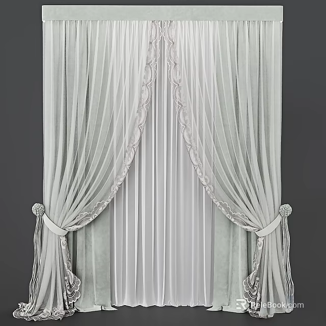 Light Green Striped Curtains With Lace Trim On Top And Tiebacks For Elegant Draped Look 3d model 