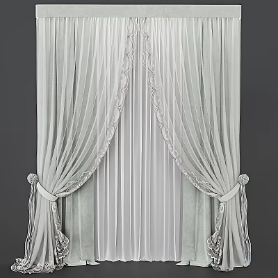 Light Green Striped Curtains With Lace Trim On Top And Tiebacks For Elegant Draped Look 3d model