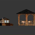 Wooden Gazebo With Tile Roof Tables Chairs And Glass Greenhouse With Shelves