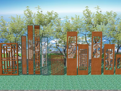 Decorative Outdoor Wooden Screens With Various Intricate Patterns And Green Trees 3d model