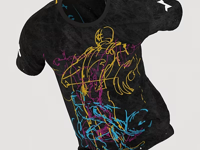 Black T-shirt Featuring Vibrant Colorful Graffiti Lines And Abstract Character Design 3d model