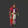 Armor Clad Character With Red Dragon Creature Spiked Helmet And Sword In Black White Armor