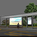 Modern Bus Stop Public Facility With Tall Building Green Trees Billboard Bench And Person Sitting