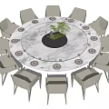 Round Marble Tabletop Dining Set With Light Colored Chairs Tableware And Central Green Plant 3d model