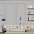 White Multi-seat Sofa in Living Room with Beige Rug Round Coffee Table Floor Lamp Bookshelf