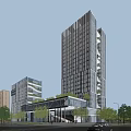 Modern High Rise Office Building With Greenery Surroundings Road And Parking Lot