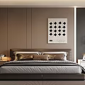 Minimalist Double Bed Background with Brown Wall Black White Geometric Painting and Nightstand Lamp