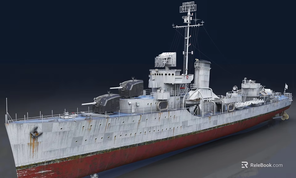 Gray Warship With Red Bottom Turret Mast Antennas And Naval Gear 3d model 