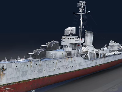 Gray Warship With Red Bottom Turret Mast Antennas And Naval Gear 3d model