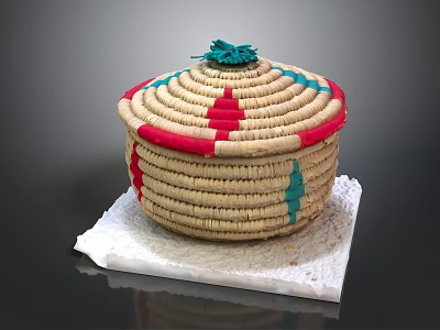 Woven Storage Basket With Lid Natural Beige Body Red Blue Stripes Green Decorative Top 3d model