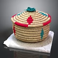 Woven Storage Basket With Lid Natural Beige Body Red Blue Stripes Green Decorative Top