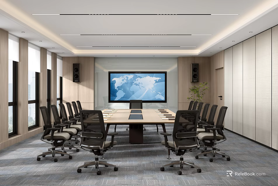 Modern Conference Room With Large Screen World Map Long Table Black Chairs And Windows 3d model 