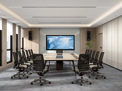 Modern Conference Room With Large Screen World Map Long Table Black Chairs And Windows 3d model