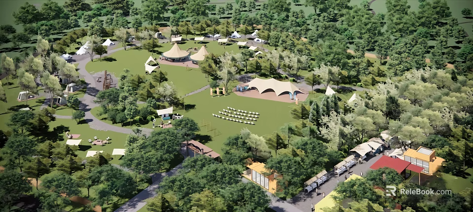 Scenic Park Landscape With Lush Trees Green Grass Camping Tents Playground And Seating Area 3d model 