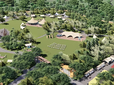 Scenic Park Landscape With Lush Trees Green Grass Camping Tents Playground And Seating Area 3d model