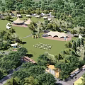Scenic Park Landscape With Lush Trees Green Grass Camping Tents Playground And Seating Area