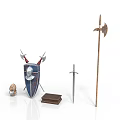 Medieval Historical Weapons Collection Featuring Shield Sword Axe Helmet And Wooden Box