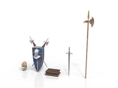 Medieval Historical Weapons Collection Featuring Shield Sword Axe Helmet And Wooden Box 3d model
