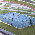 Scenic Park Landscape With Fenced Basketball Court Blue Surface Green Lawn And Curved Path
