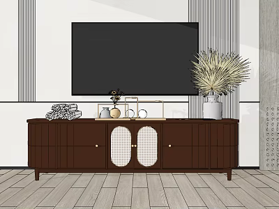 Elegant Brown TV Cabinet with Circular Lattice Doors and Tall Pampas Grass on Striped Wall 3d model
