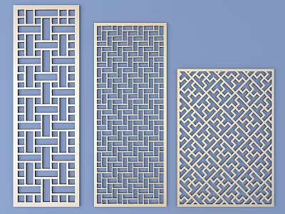 Elegant Lattice Windows Featuring Three Unique Geometric Patterns Against Blue Backdrop 3d model