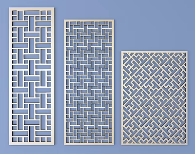 Elegant Lattice Windows Featuring Three Unique Geometric Patterns Against Blue Backdrop 3d model