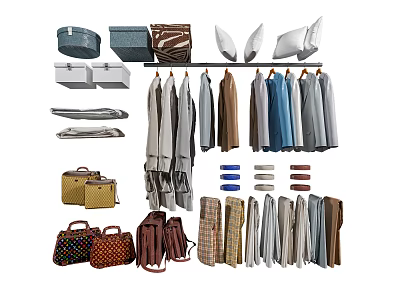 Organized Hanging And Folded Clothes With Various Styles Storage Bags Baskets 3d model