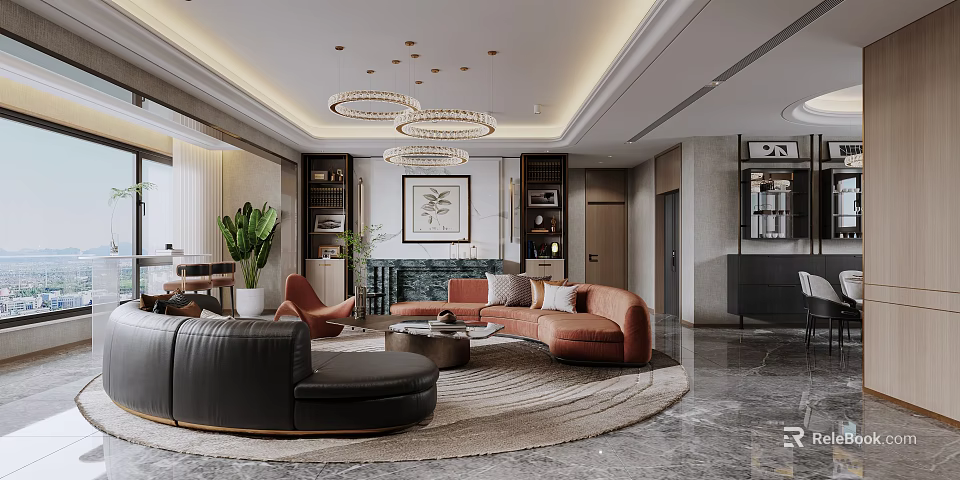 Modern Living And Dining Room Interior With Sofa Round Rug Pendant Lights And Decorative Painting 3d model 
