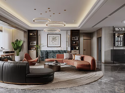 Modern Living And Dining Room Interior With Sofa Round Rug Pendant Lights And Decorative Painting 3d model
