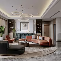 Modern Living And Dining Room Interior With Sofa Round Rug Pendant Lights And Decorative Painting