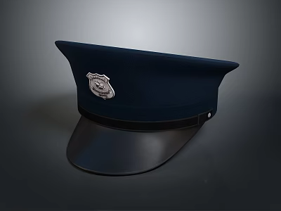Classic Dark Blue Uniform Cap Featuring Silver Badge And Leather Brim Design 3d model