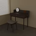 Wooden Dressing Table With Round Mirror Padded Backrest And Matching Stool By Window 3d model