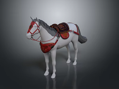 Detailed White Horse With Red Saddle Bridle And Decorative Saddle Pad Model 3d model