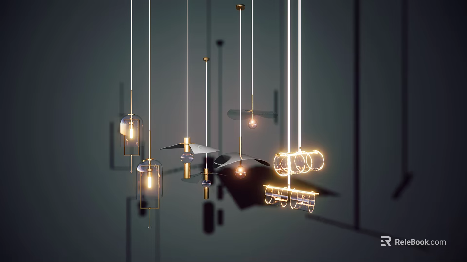 Modern Pendant Chandeliers With Varied Designs Metal Structures And Illuminated Rings 3d model 