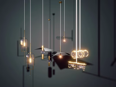 Modern Pendant Chandeliers With Varied Designs Metal Structures And Illuminated Rings 3d model