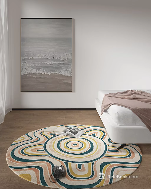 Serene Bedroom With Seascape Painting White Bed Brown Blanket Wooden Floor And Colorful Circular Rug 3d model 