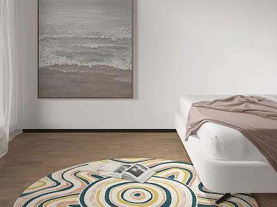 Serene Bedroom With Seascape Painting White Bed Brown Blanket Wooden Floor And Colorful Circular Rug 3d model