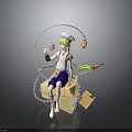 Cartoon Character Sitting On Box Wearing White Hat Holding Dessert With Chain And Key