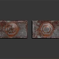 Four Rusted Industrial Metal Bolt Plates With Hexagon Head Fasteners