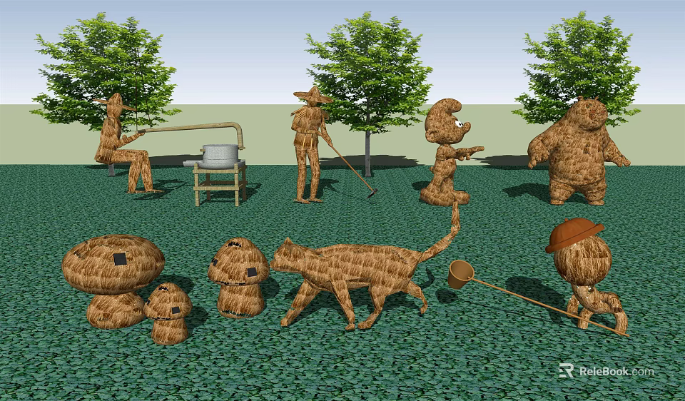 Outdoor Agricultural Equipment Inspired Straw Decorations Including Scarecrows And Animal Figures 3d model 